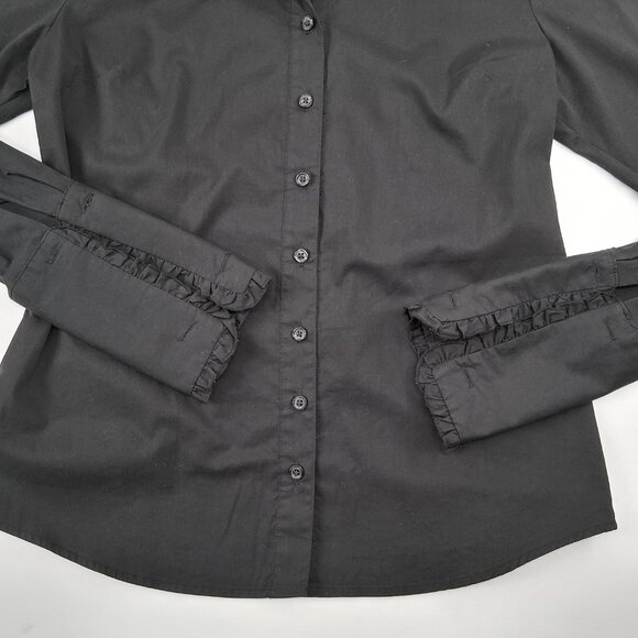 Tahari Black Button Front Shirt French Cuffs Pick Stitch Tailored Stretch SZ M - Picture 6 of 13